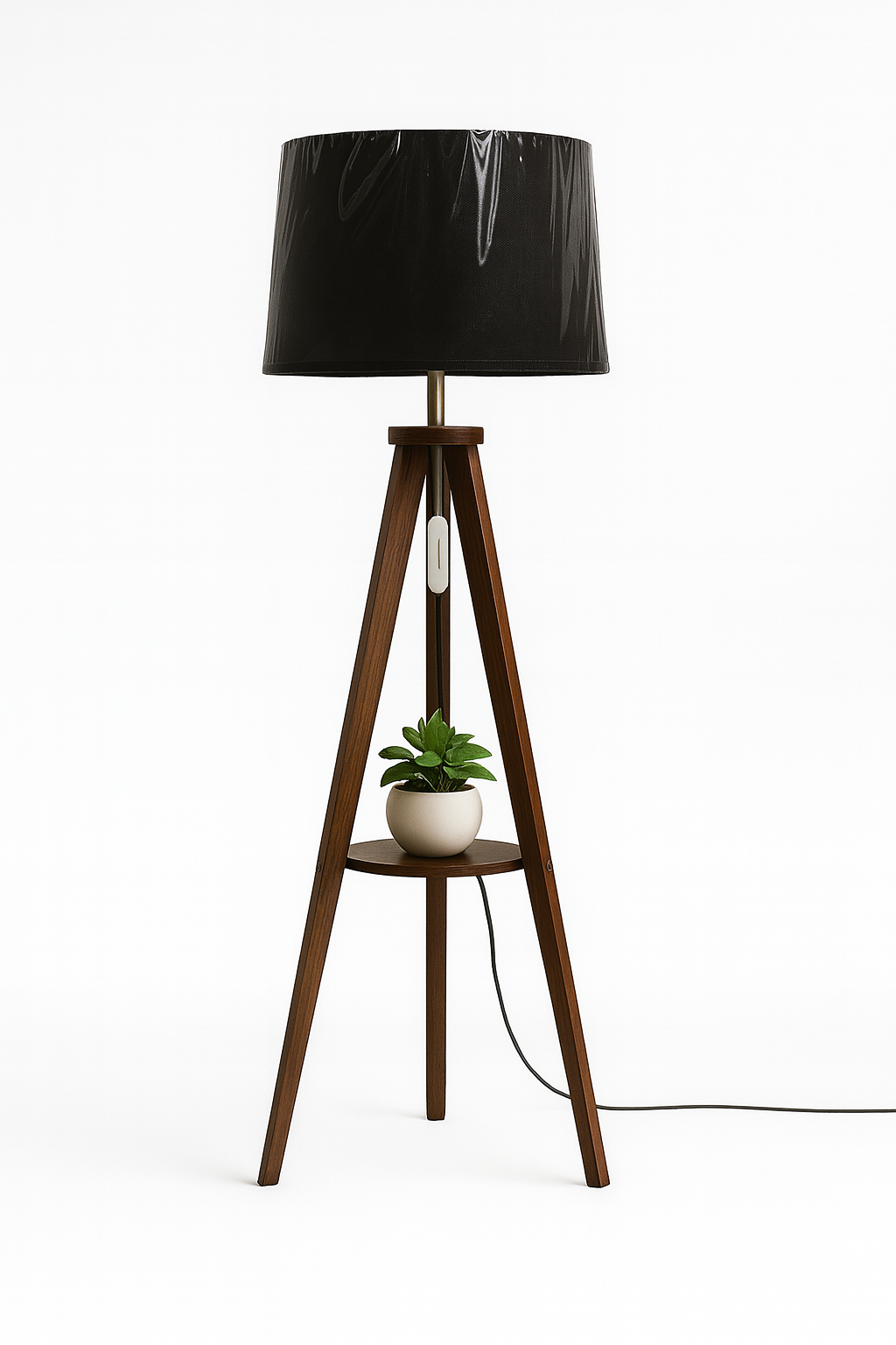 Tripod Wooden Floor Lamp with Shelf